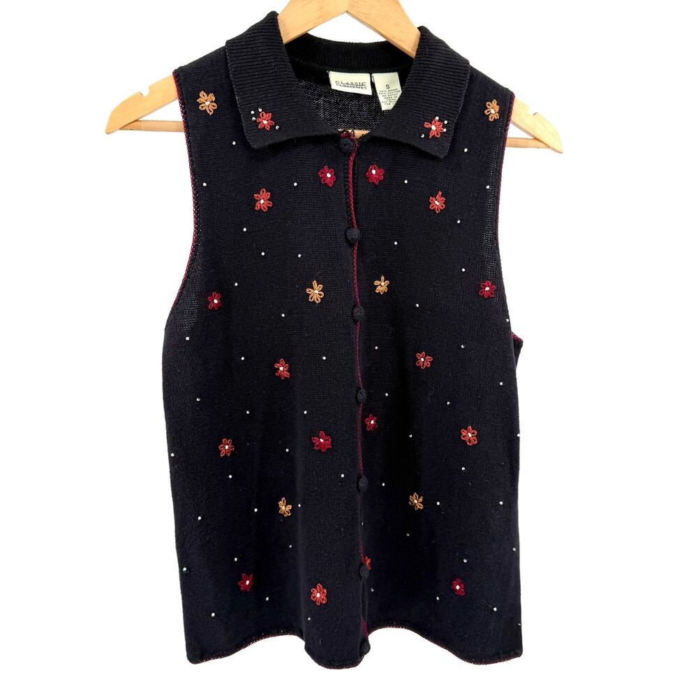Vintage 90s Classic Elements Black Red Floral Beaded Sweater Vest